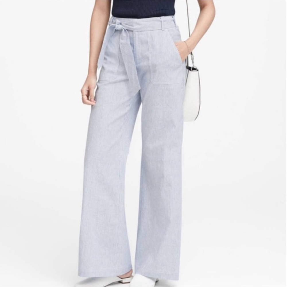 Banana Republic Light Blue Seersucker Tie Front Wide Leg Linen Pants
